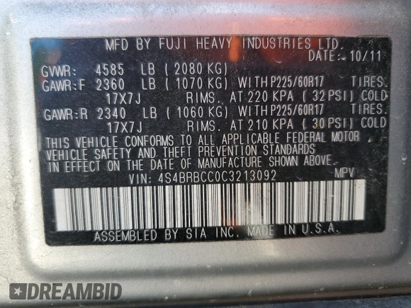 2012 Subaru Outback Prem with VIN 4S4BRBCC0C3213092, listed as a Copart auction lot 59417325 with 140,461 mi miles and Clean title. Bid and sale history available at DreamBid. Image 12.