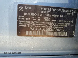 2013 BMW 3 Series 328i with VIN WBA3A5G59DNP20265, listed as a Copart auction lot 61650995 with 221,317 mi miles and Clean title. Bid and sale history available at DreamBid. Image 12.