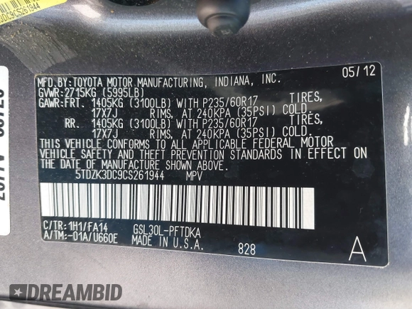2012 Toyota Sienna with VIN 5TDZK3DC9CS261944, listed as a IAAI auction lot 41885359 with 184,918 mi miles. Bid and sale history available at carsss.com. Image 9.