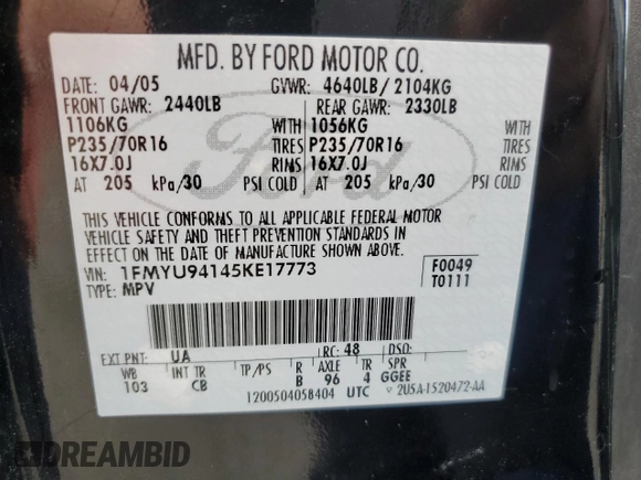 2005 Ford Escape Limited with VIN 1FMYU94145KE17773, listed as a Copart auction lot 60451635 with 181,098 mi miles and Salvage title. Bid and sale history available at DreamBid. Image 14.
