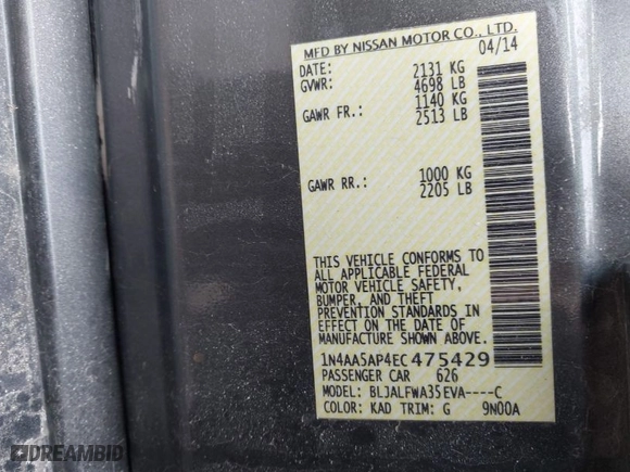 2014 Nissan Maxima 3.5 S with VIN 1N4AA5AP4EC475429, listed as a IAAI auction lot 41566940 with 148,691 mi miles. Bid and sale history available at carsss.com. Image 9.