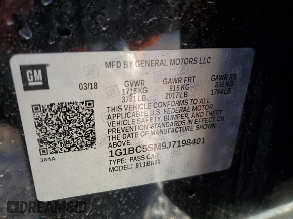 2018 Chevrolet Cruze LS with VIN 1G1BC5SM9J7198401, listed as a Copart auction lot 88748875 with 93,969 mi miles and Salvage Title. Bid and sale history available at DreamBid. Image 12.