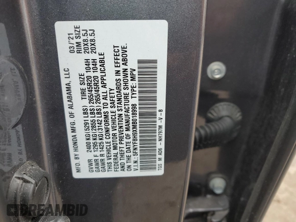 2021 Honda Passport Touring with VIN 5FNYF8H9XMB018998, listed as a Copart auction lot 46836075 with 190,925 mi miles and Salvage Title. Bid and sale history available at carsss.com. Image 15.