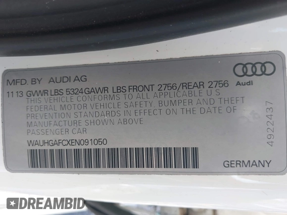 2014 Audi A6 Prestige with VIN WAUHGAFCXEN091050, listed as a IAAI auction lot 42524560 with 169,575 mi miles and . Bid and sale history available at DreamBid. Image 9.