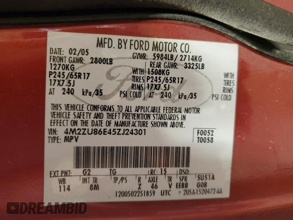 2005 Mercury Mountaineer with VIN 4M2ZU86E45ZJ24301, listed as a Copart auction lot 83384374 with 259,426 mi miles and Salvage title. Bid and sale history available at DreamBid. Image 13.