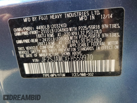 2015 Subaru Forester Touring with VIN JF2SJAWCXFH559970, listed as a Copart auction lot 62570395 with 87,779 mi miles and Salvage title. Bid and sale history available at DreamBid. Image 14.