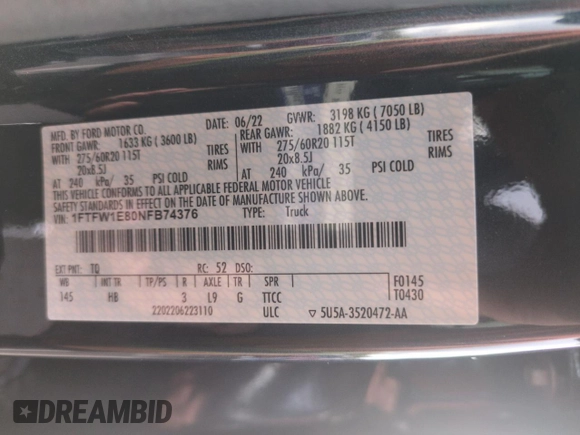 2022 Ford F-150 XL с VIN 1FTFW1E80NFB74376, выставлен на аукционе Copart как лот 54271845 с пробегом 16 253 миль миль и Списание • Salvage title. История ставок и продаж доступна на DreamBid. Изображение 13.