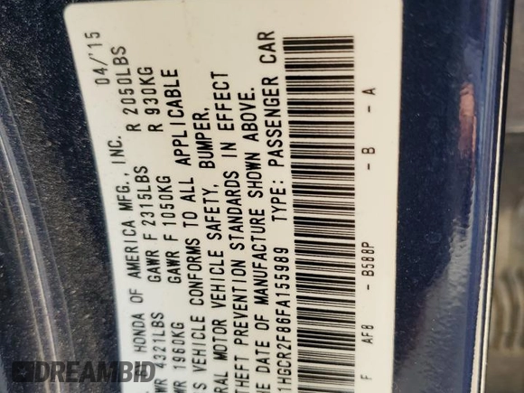 2015 Honda Accord EX-L with VIN 1HGCR2F86FA155989, listed as a Copart auction lot 54926515 with 94,021 mi miles and Clean title. Bid and sale history available at DreamBid. Image 12.