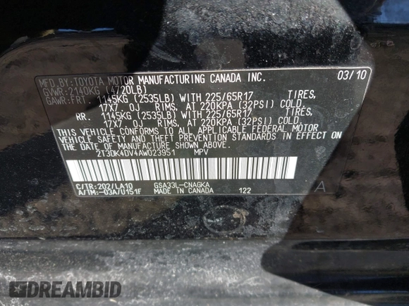 2010 Toyota RAV4 Ltd with VIN 2T3DK4DV4AW023951, listed as a IAAI auction lot 41243429 with 207,758 mi miles. Bid and sale history available at carsss.com. Image 9.