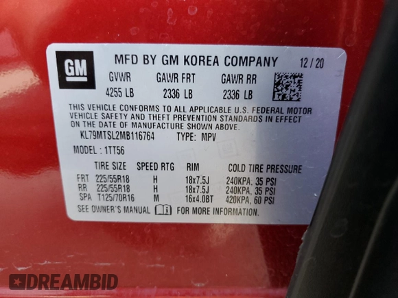 2021 Chevrolet TrailBlazer RS with VIN KL79MTSL2MB116764, listed as a Copart auction lot 62769104 with 30,183 mi miles and Salvage Title. Bid and sale history available at DreamBid. Image 13.