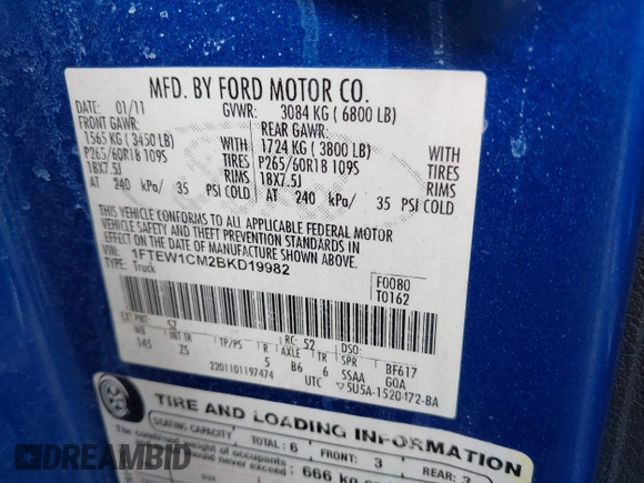 2011 Ford F-150 XL with VIN 1FTEW1CM2BKD19982, listed as a IAAI auction lot 42065787 with 279,895 mi miles. Bid and sale history available at carsss.com. Image 9.