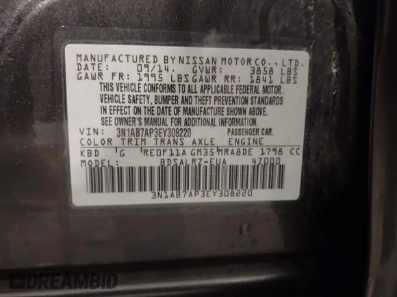 2014 Nissan Sentra SR with VIN 3N1AB7AP3EY308220, listed as a IAAI auction lot 41834263 with 192,118 mi miles and . Bid and sale history available at DreamBid. Image 9.