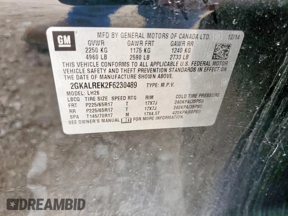 2015 GMC Terrain SLE with VIN 2GKALREK2F6230489, listed as a Copart auction lot 63978925 with 121,210 mi miles and Clean title. Bid and sale history available at DreamBid. Image 13.