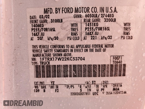 2002 Ford F-150 XL with VIN 1FTRX17W22KC53704, listed as a Copart auction lot 49179545 with 182,629 mi miles and Clean Title. Bid and sale history available at carsss.com. Image 12.