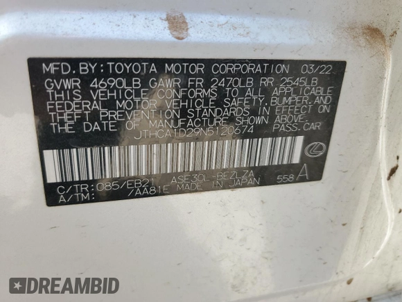 2022 Lexus IS 300 with VIN JTHCA1D29N5120674, listed as a Copart auction lot 51087285 with Not provided miles and Clean title. Bid and sale history available at DreamBid. Image 12.