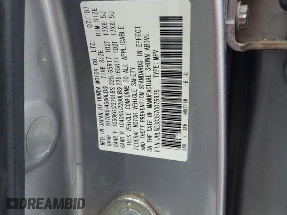2007 Honda CR-V LX with VIN JHLRE38357C075975, listed as a Copart auction lot 50368765 with 159,834 mi miles and Salvage Title. Bid and sale history available at carsss.com. Image 16.