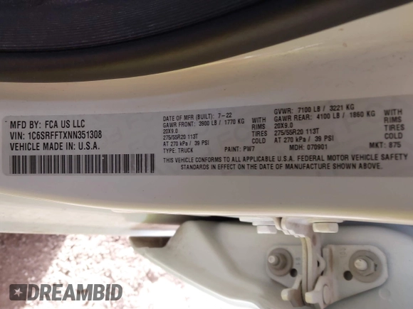 2022 Ram 1500 Big Horn with VIN 1C6SRFFTXNN351308, listed as a IAAI auction lot 41424332 with 271,908 mi miles and . Bid and sale history available at DreamBid. Image 9.