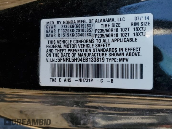 2014 Honda Odyssey Touring with VIN 5FNRL5H94EB133819, listed as a Copart auction lot 46469315 with 170,574 mi miles and Salvage Title. Bid and sale history available at carsss.com. Image 15.