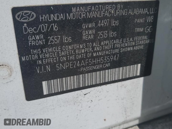 2017 Hyundai Sonata 2.4L with VIN 5NPE24AF5HH535947, listed as a Copart auction lot 54400375 with 79,777 mi miles and Clean Title. Bid and sale history available at DreamBid. Image 12.