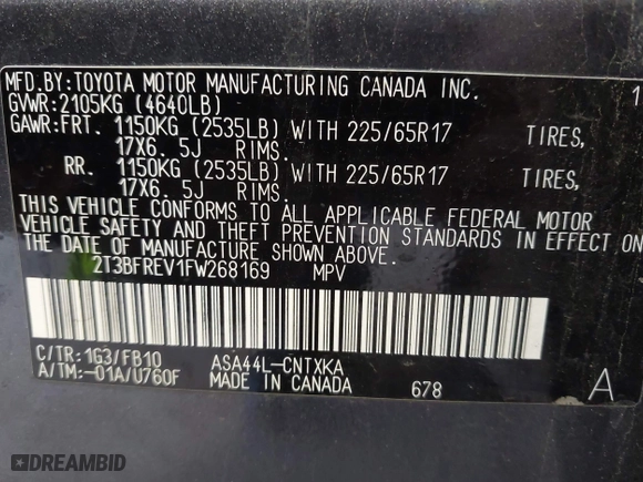 2015 Toyota RAV4 LE with VIN 2T3BFREV1FW268169, listed as a IAAI auction lot 41934152 with 72,840 mi miles. Bid and sale history available at carsss.com. Image 9.