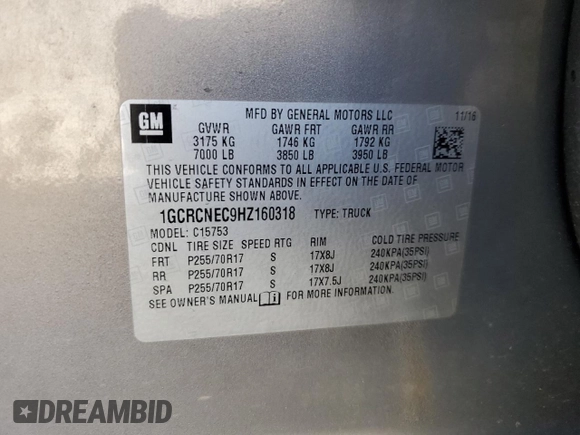 2017 Chevrolet Silverado 1500 LS with VIN 1GCRCNEC9HZ160318, listed as a Copart auction lot 49616205 with 216,814 mi miles and Salvage Title. Bid and sale history available at DreamBid. Image 12.