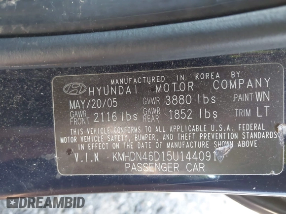 2005 Hyundai Elantra GLS с VIN KMHDN46D15U144091, выставлен на аукционе IAAI как лот 42460609 с пробегом 178 523 миль миль и . История ставок и продаж доступна на DreamBid. Изображение 9.
