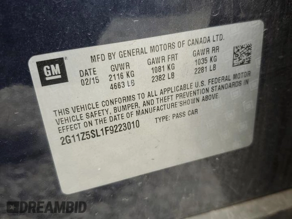 2015 Chevrolet Impala LS with VIN 2G11Z5SL1F9223010, listed as a Copart auction lot 61909315 with 138,511 mi miles and Salvage title. Bid and sale history available at DreamBid. Image 12.