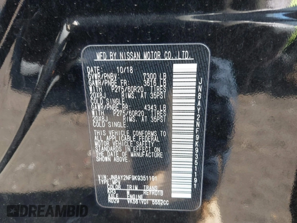 2019 Nissan Armada Platinum with VIN JN8AY2NF9K9351191, listed as a IAAI auction lot 41440180 with 62,721 mi miles and . Bid and sale history available at DreamBid. Image 9.