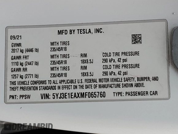 2021 Tesla Model 3 Standard Range Plus z VIN 5YJ3E1EAXMF065760, wystawiony jako Copart lot #54235345 z przebiegiem 54 413 mil mil oraz Szkoda całkowita • Salvage title. Historia ofert i sprzedaży dostępna na DreamBid. Obrazek 12.
