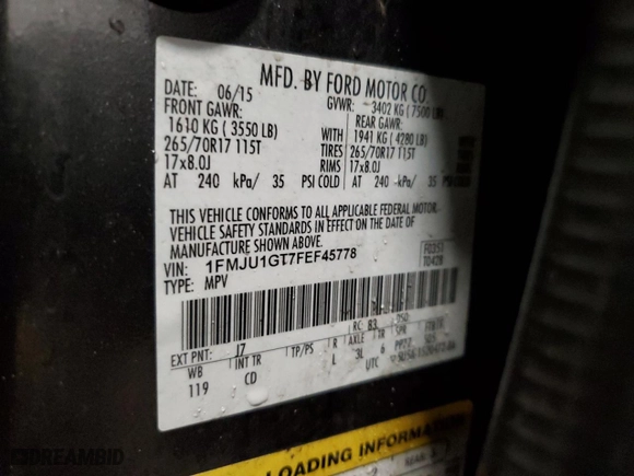2015 Ford Expedition XL with VIN 1FMJU1GT7FEF45778, listed as a Copart auction lot 41835045 with 39,179 mi miles and Salvage Title. Bid and sale history available at carsss.com. Image 13.