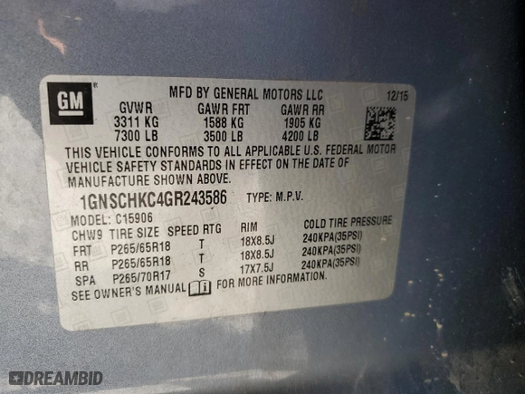 2016 Chevrolet Suburban LT with VIN 1GNSCHKC4GR243586, listed as a Copart auction lot 60072104 with 175,614 mi miles and Salvage Title. Bid and sale history available at carsss.com. Image 13.
