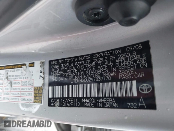 2009 Toyota Prius with VIN JTDKB20U297839170, listed as a IAAI auction lot 41831779 with 174,253 mi miles. Bid and sale history available at carsss.com. Image 9.