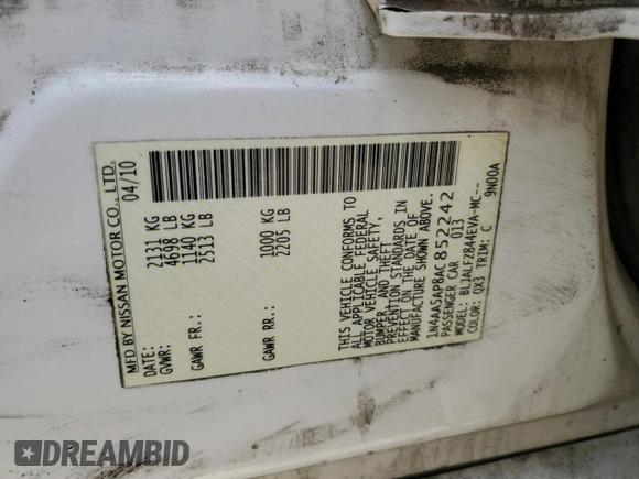 2010 Nissan Maxima SV with VIN 1N4AA5AP8AC852242, listed as a Copart auction lot 57330655 with 143,971 mi miles and Salvage title. Bid and sale history available at DreamBid. Image 13.