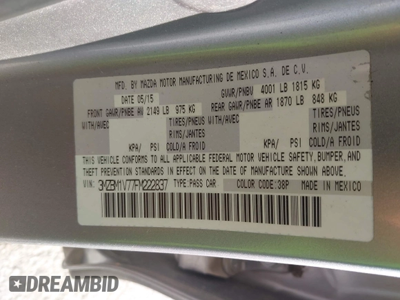 2015 Mazda 3 i Touring with VIN 3MZBM1V77FM222837, listed as a IAAI auction lot 42045649 with 161,134 mi miles and . Bid and sale history available at carsss.com. Image 9.
