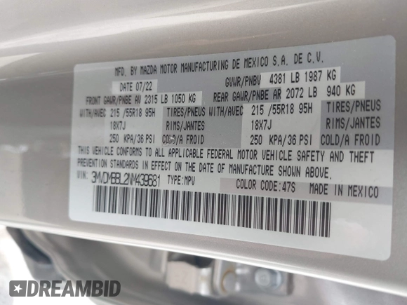 2022 Mazda CX-30 S Select z VIN 3MVDMBBL2NM439681, wystawiony jako IAAI lot #41960902 z przebiegiem 22 730 mil mil oraz . Historia ofert i sprzedaży dostępna na DreamBid. Obrazek 9.