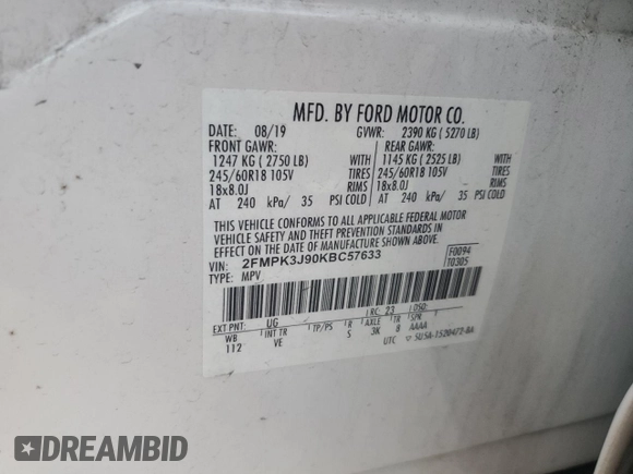 2019 Ford Edge SEL with VIN 2FMPK3J90KBC57633, listed as a Copart auction lot 77468504 with 124,900 mi miles and Clean Title. Bid and sale history available at carsss.com. Image 13.