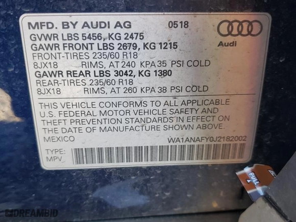 2018 Audi Q5 Premium with VIN WA1ANAFY0J2182002, listed as a Copart auction lot 46484565 with 150,239 mi miles and Salvage Title. Bid and sale history available at carsss.com. Image 13.