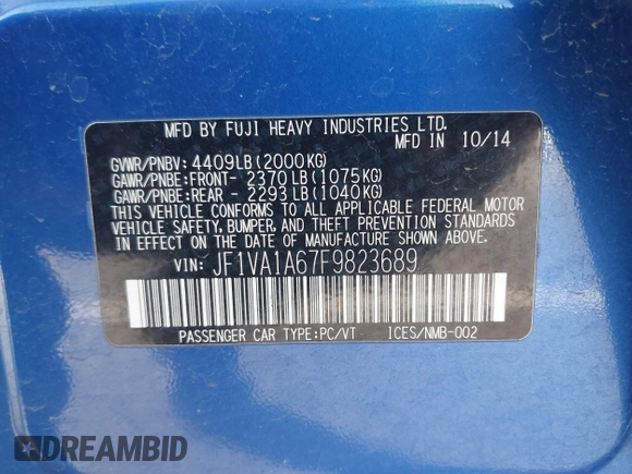 2015 Subaru WRX с VIN JF1VA1A67F9823689, выставлен на аукционе IAAI как лот 41600783 с пробегом 101 671 миль миль и . История ставок и продаж доступна на DreamBid. Изображение 9.