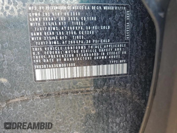 2019 Volkswagen Tiguan SE with VIN 3VV3B7AX3KM081508, listed as a Copart auction lot 52691945 with 32,089 mi miles and Salvage Title. Bid and sale history available at DreamBid. Image 13.