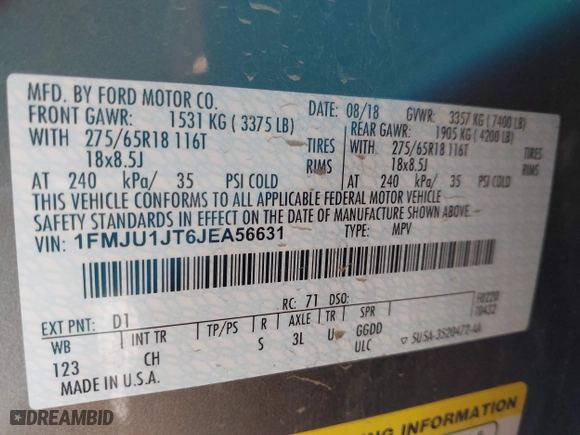 2018 Ford Expedition XLT with VIN 1FMJU1JT6JEA56631, listed as a IAAI auction lot 41814523 with 113,875 mi miles. Bid and sale history available at carsss.com. Image 9.