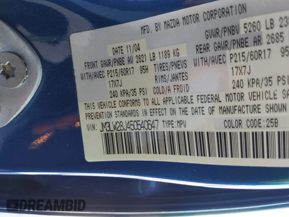 2005 Mazda MPV LX with VIN JM3LW28J450540647, listed as a IAAI auction lot 41674005 with 195,761 mi miles. Bid and sale history available at carsss.com. Image 9.