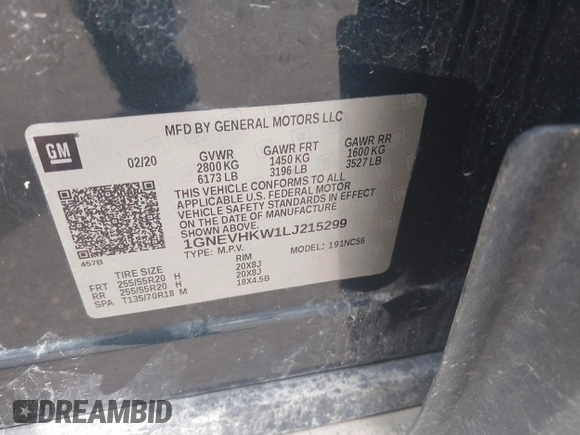 2020 Chevrolet Traverse LT with VIN 1GNEVHKW1LJ215299, listed as a IAAI auction lot 42160462 with 123,297 mi miles and . Bid and sale history available at DreamBid. Image 9.