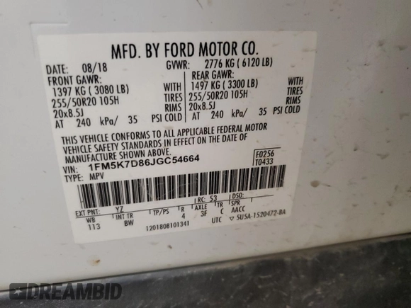 2018 Ford Explorer XLT with VIN 1FM5K7D86JGC54664, listed as a Copart auction lot 50135835 with 111,460 mi miles and Salvage Title. Bid and sale history available at DreamBid. Image 13.