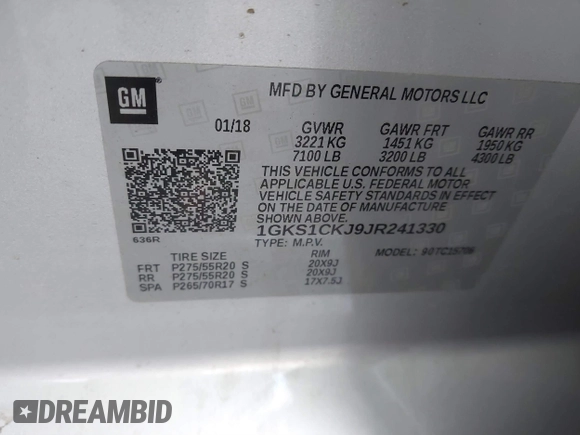 2018 GMC Yukon Denali with VIN 1GKS1CKJ9JR241330, listed as a IAAI auction lot 41180538 with 100,300 mi miles. Bid and sale history available at carsss.com. Image 9.