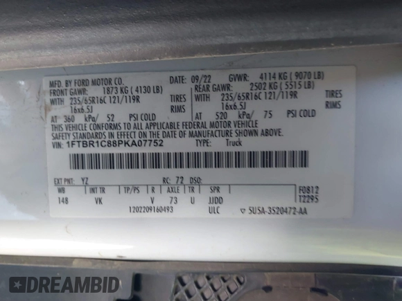 2023 Ford Transit Cargo with VIN 1FTBR1C88PKA07752, listed as a IAAI auction lot 41590510 with 71,062 mi miles and . Bid and sale history available at DreamBid. Image 9.