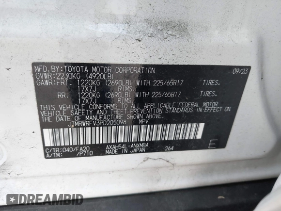 2023 Toyota RAV4 Hybrid XLE with VIN JTMRWRFV3PD205098, listed as a IAAI auction lot 41845095 with 22,908 mi miles. Bid and sale history available at carsss.com. Image 9.