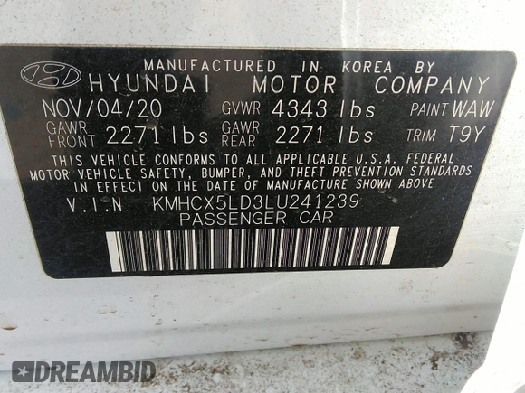 2020 Hyundai Ioniq Limited with VIN KMHCX5LD3LU241239, listed as a IAAI auction lot 41628238 with 30,662 mi miles and . Bid and sale history available at DreamBid. Image 9.