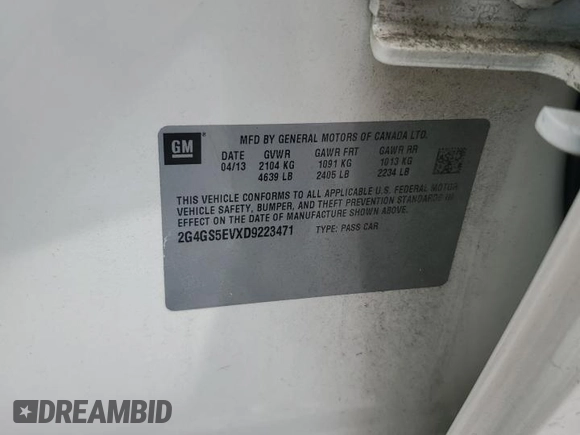2013 Buick Regal Turbo Premium 1 with VIN 2G4GS5EVXD9223471, listed as a Copart auction lot 60434395 with 71,064 mi miles and Salvage title. Bid and sale history available at DreamBid. Image 12.