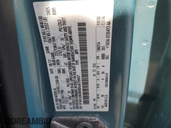2013 Ford Escape SE with VIN 1FMCU9G93DUA76607, listed as a Copart auction lot 56309755 with 265,232 mi miles and Salvage title. Bid and sale history available at DreamBid. Image 12.