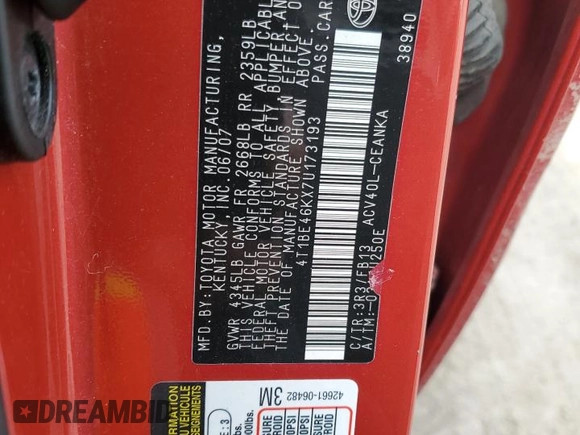 2007 Toyota Camry CE with VIN 4T1BE46KX7U173193, listed as a Copart auction lot 51413395 with 191,291 mi miles and Salvage Title. Bid and sale history available at DreamBid. Image 12.